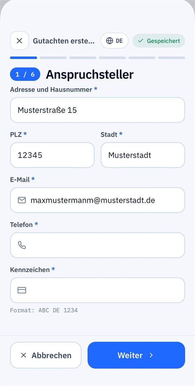 App-Screen: Anspruchsteller erfassen