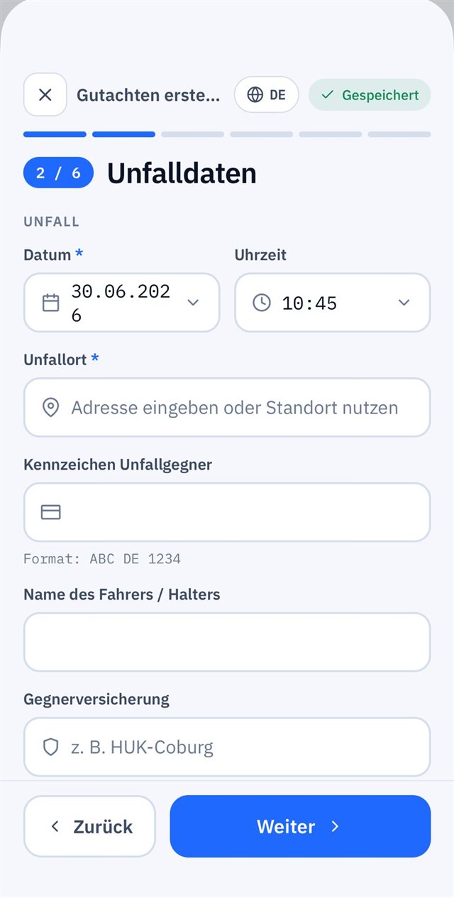 App-Screen: Unfalldaten erfassen