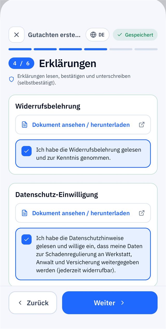 App-Screen: Erklärungen bestätigen