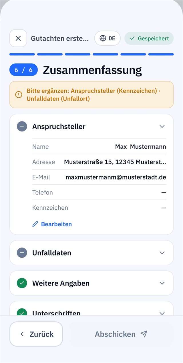 App-Screen: Zusammenfassung und Abschicken