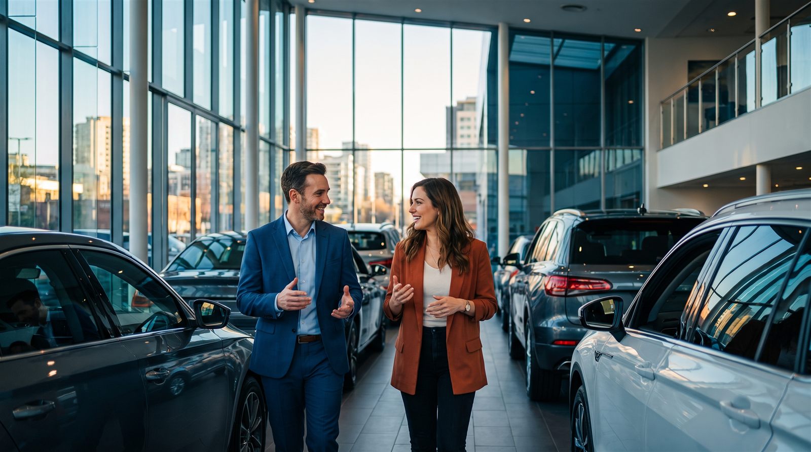 Verkaufsberater und Kunde im modernen Autohaus