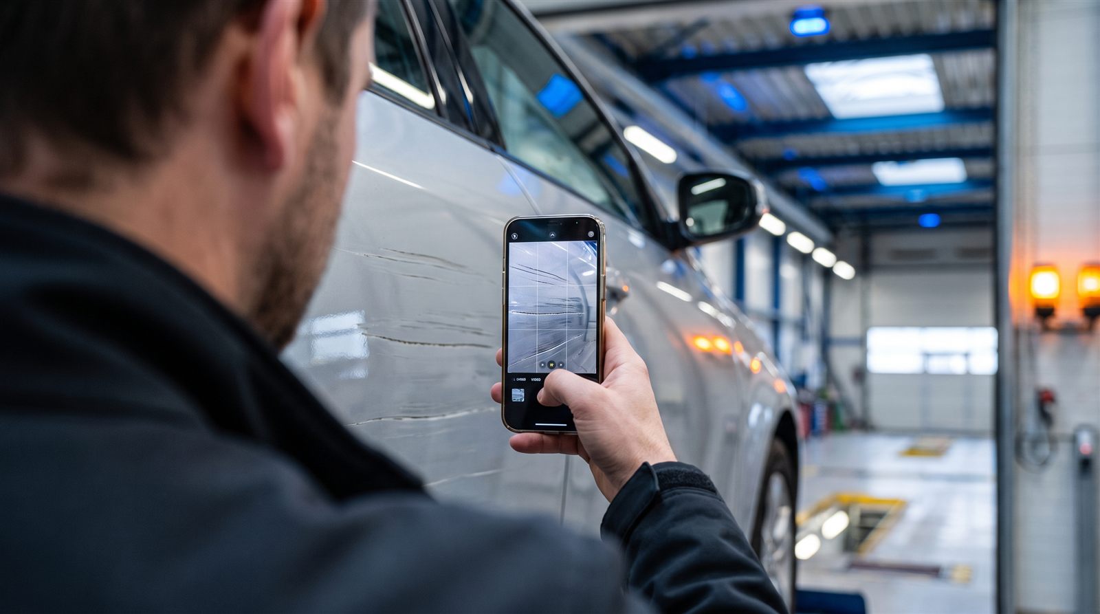 Smartphone fotografiert einen Lackschaden an der Fahrzeugtür
