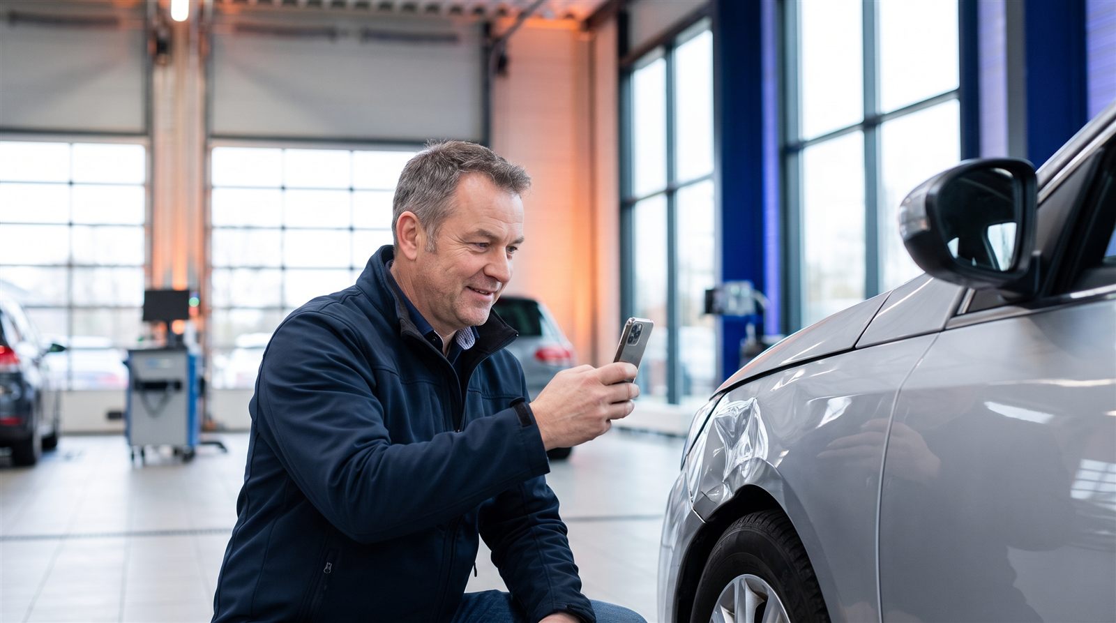 Kfz-Sachverständiger fotografiert einen Kotflügelschaden mit dem Smartphone