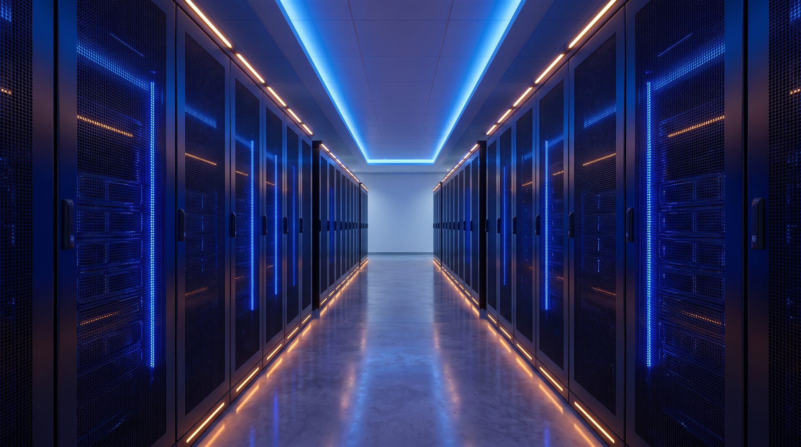 Modernes Rechenzentrum mit blau beleuchteten Server-Racks