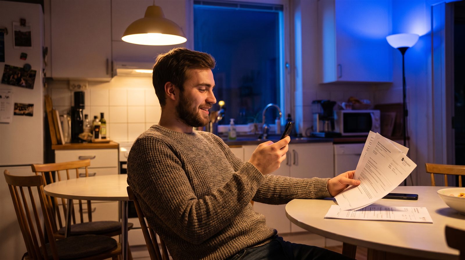 Mann erfasst seinen Schaden entspannt am Küchentisch mit dem Smartphone