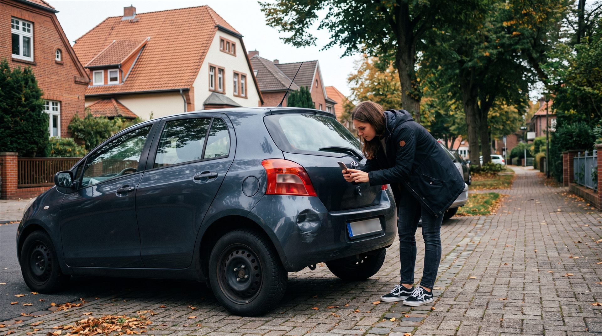 Frau fotografiert den Schaden an ihrem Auto mit dem Smartphone